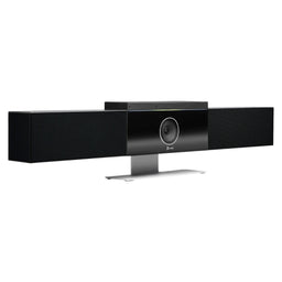 Vista frontal panorámica de la Poly Studio USB Video Bar con cámara central y altavoces estéreo integrados, ideal para videoconferencias claras en salas de reuniones medianas.