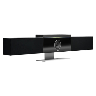 Vista frontal panorámica de la Poly Studio USB Video Bar con cámara central y altavoces estéreo integrados, ideal para videoconferencias claras en salas de reuniones medianas.