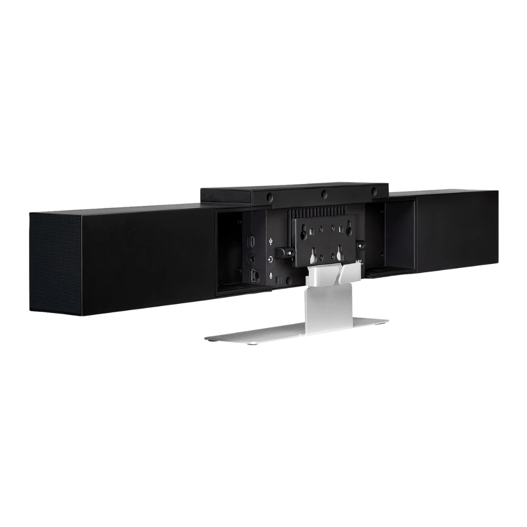 Vista trasera de la Poly Studio USB Video Bar con puertos de conexión y soporte de montaje, pensada para instalación limpia y videoconferencias profesionales en salas de reuniones.