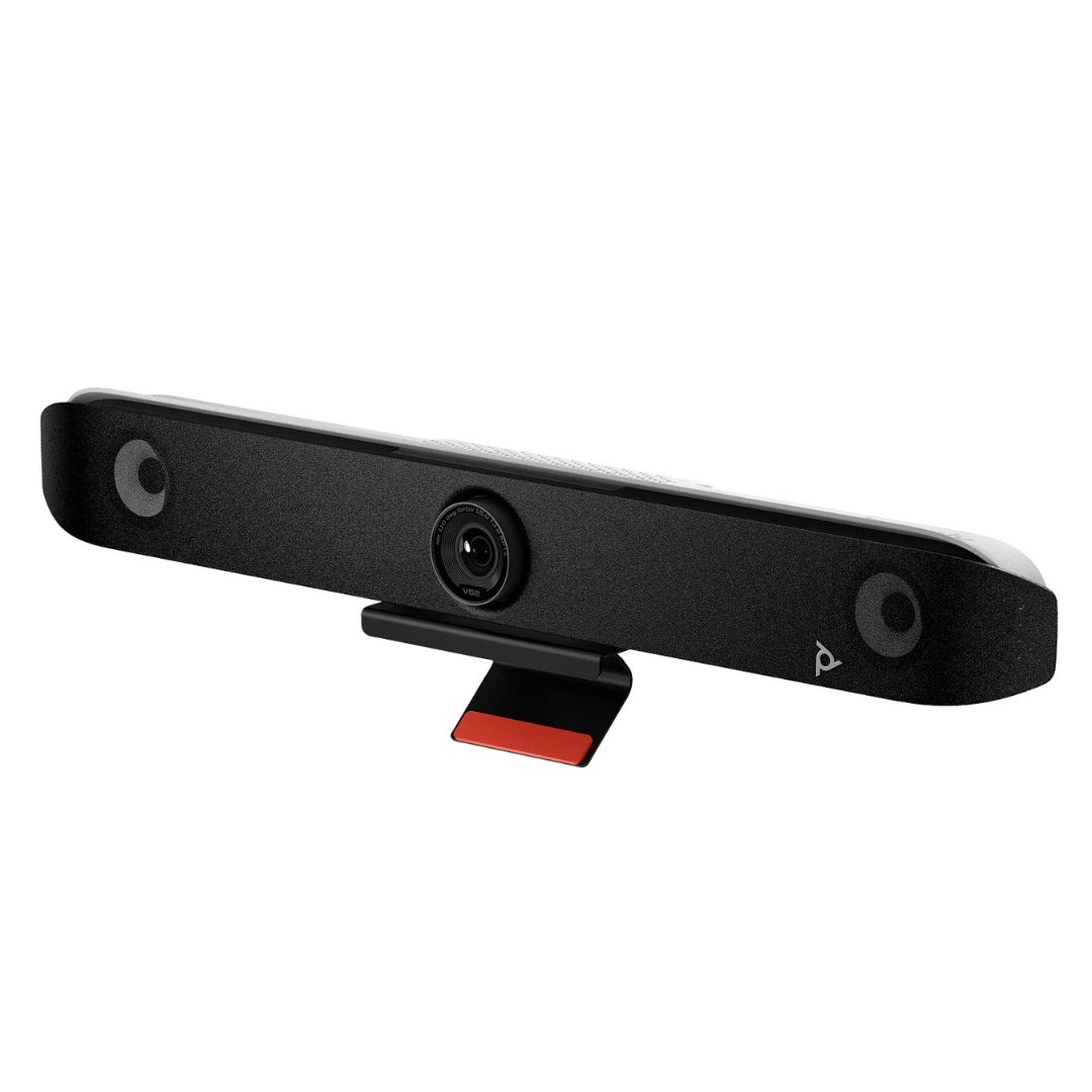 Poly Studio V52 barra de videoconferencia USB en vista 3/4 con soporte de montaje para instalación profesional en salas de reuniones medianas
