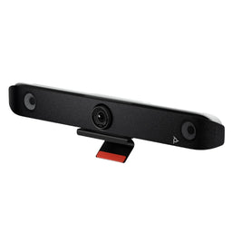 Poly Studio V52 barra de videoconferencia USB en vista 3/4 con soporte de montaje para instalación profesional en salas de reuniones medianas
