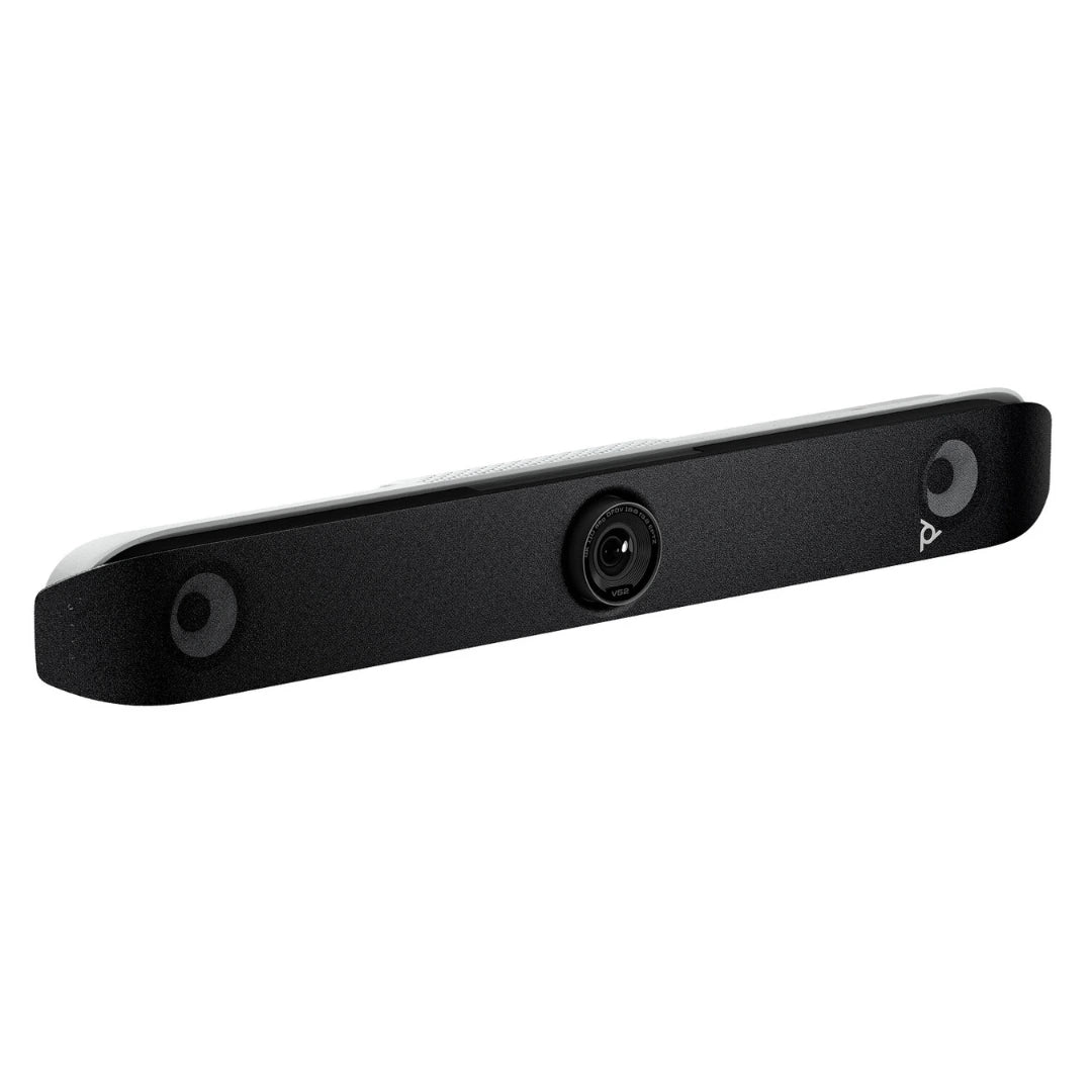 Poly Studio V52 barra de videoconferencia USB en vista angular sin soporte, con lente central y rejilla frontal para salas de reuniones profesionales