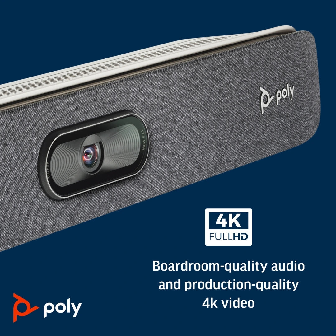 Banner de Poly Studio X30 con primer plano de la cámara y mensaje 4K Full HD, destacando audio de calidad para salas de reuniones y videoconferencias profesionales