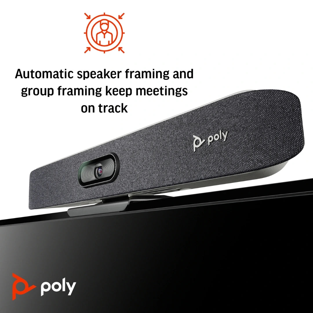 Poly Studio X30 montada sobre pantalla con cámara integrada y función de encuadre automático de orador y grupo, ideal para videoconferencias en salas pequeñas y reuniones híbridas profesionales