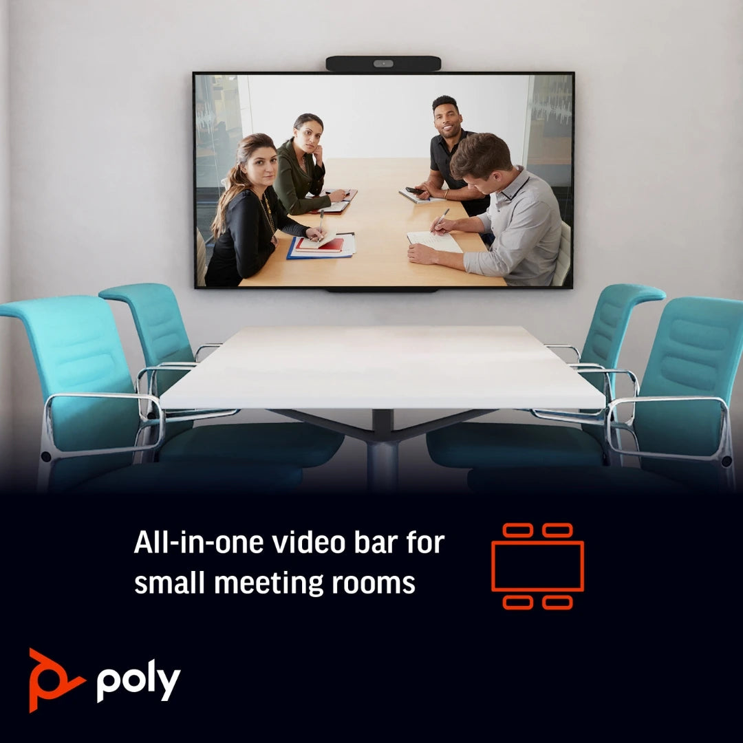 Poly Studio X30 instalada sobre una pantalla en una sala de reuniones pequeña, solución all-in-one para videoconferencias profesionales y colaboración híbrida