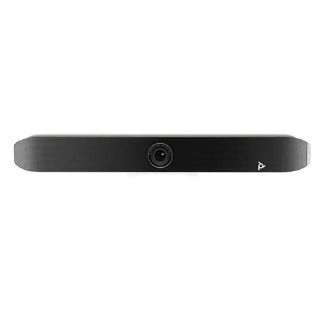 Barra de videoconferencia Poly Studio X52 vista frontal con cámara central 4K, diseñada para reuniones híbridas con imagen nítida en salas de juntas medianas