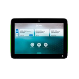 Controlador táctil Poly TC10 en color negro con pantalla de inicio para gestionar reuniones y controlar llamadas en salas de videoconferencia profesionales