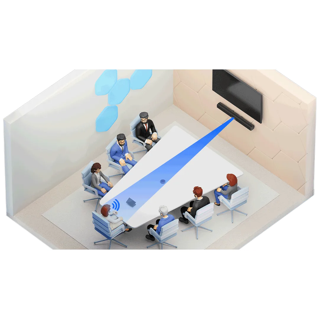 Q-SYS RoomSuite con encuadre inteligente por hablante activo en una sala de reuniones