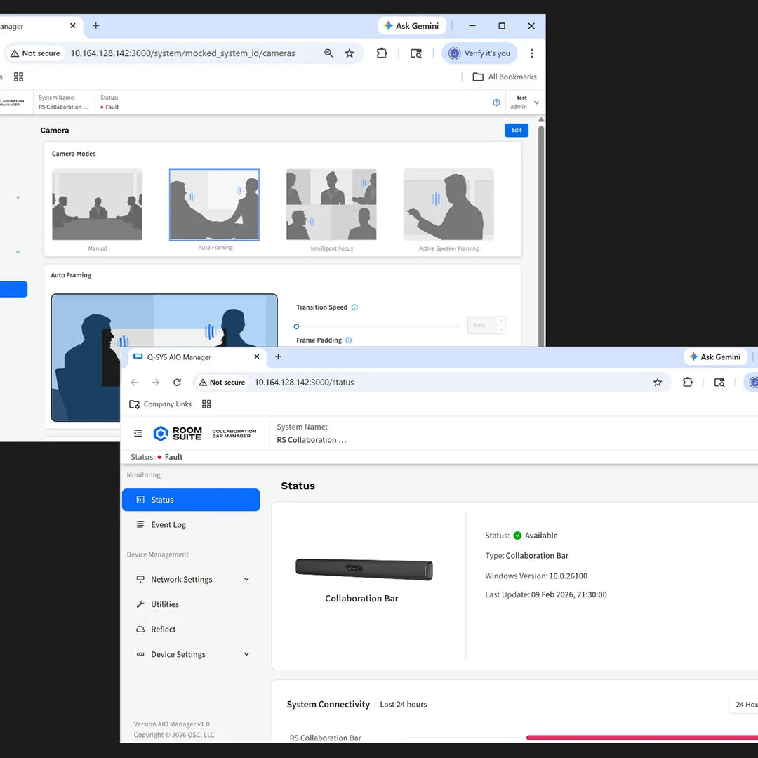 Software Q-SYS AIO Manager para gestión de cámara, estado y monitoreo del RoomSuite